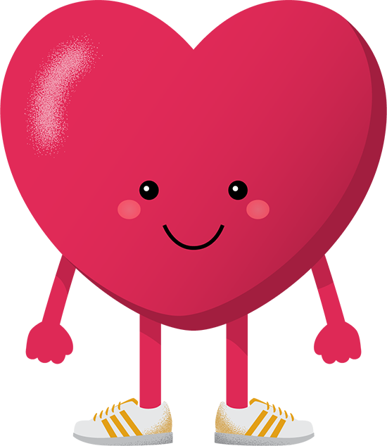 Graphic of a cartoon character named Garnet, they are red and shaped like a heart with arms and legs.